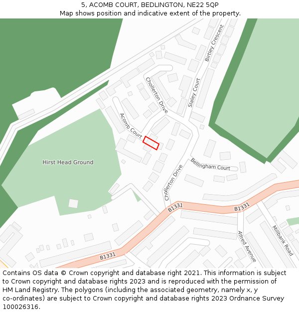 5, ACOMB COURT, BEDLINGTON, NE22 5QP: Location map and indicative extent of plot