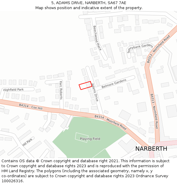 5, ADAMS DRIVE, NARBERTH, SA67 7AE: Location map and indicative extent of plot