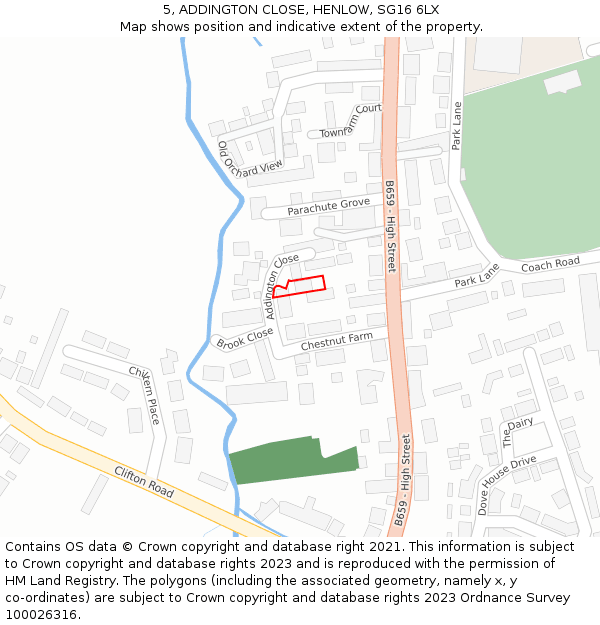 5, ADDINGTON CLOSE, HENLOW, SG16 6LX: Location map and indicative extent of plot