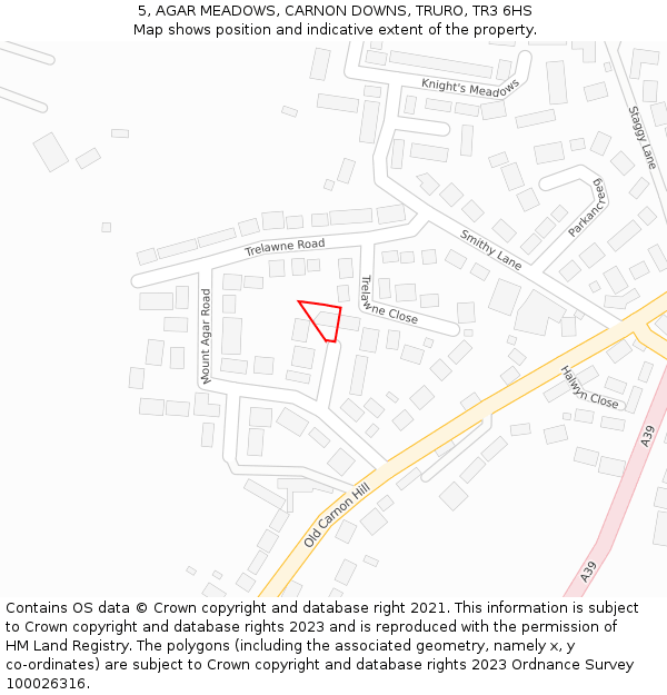 5, AGAR MEADOWS, CARNON DOWNS, TRURO, TR3 6HS: Location map and indicative extent of plot