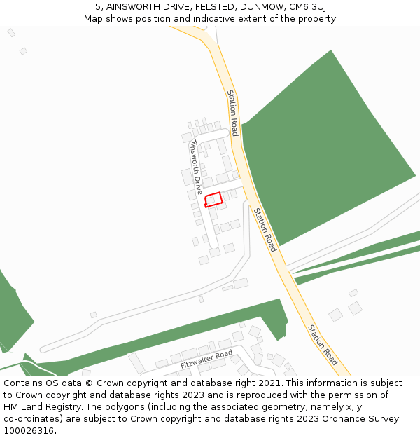 5, AINSWORTH DRIVE, FELSTED, DUNMOW, CM6 3UJ: Location map and indicative extent of plot