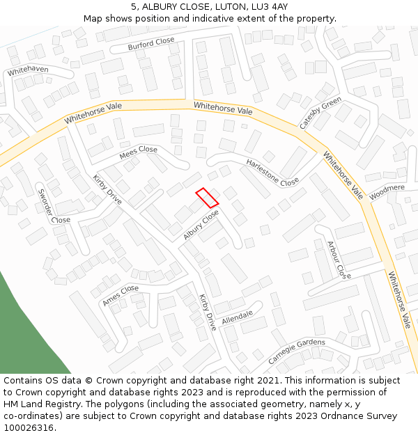 5, ALBURY CLOSE, LUTON, LU3 4AY: Location map and indicative extent of plot