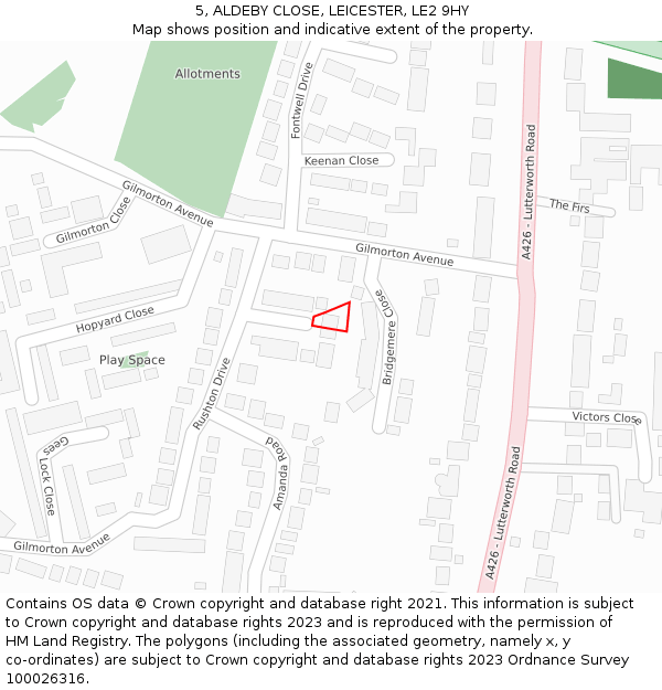 5, ALDEBY CLOSE, LEICESTER, LE2 9HY: Location map and indicative extent of plot