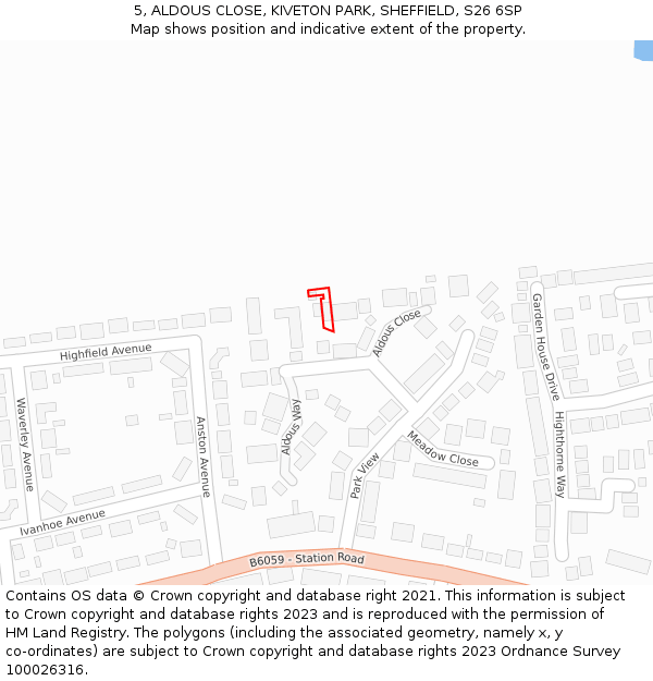 5, ALDOUS CLOSE, KIVETON PARK, SHEFFIELD, S26 6SP: Location map and indicative extent of plot