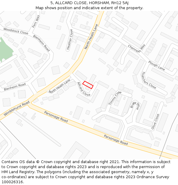 5, ALLCARD CLOSE, HORSHAM, RH12 5AJ: Location map and indicative extent of plot