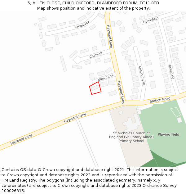 5, ALLEN CLOSE, CHILD OKEFORD, BLANDFORD FORUM, DT11 8EB: Location map and indicative extent of plot