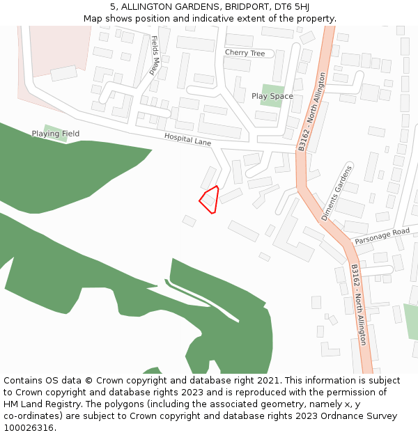 5, ALLINGTON GARDENS, BRIDPORT, DT6 5HJ: Location map and indicative extent of plot