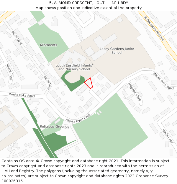 5, ALMOND CRESCENT, LOUTH, LN11 8DY: Location map and indicative extent of plot