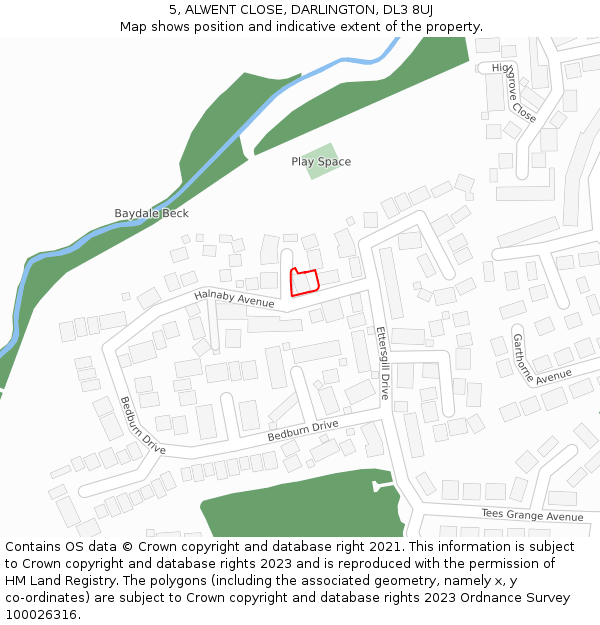 5, ALWENT CLOSE, DARLINGTON, DL3 8UJ: Location map and indicative extent of plot