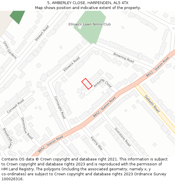 5, AMBERLEY CLOSE, HARPENDEN, AL5 4TX: Location map and indicative extent of plot