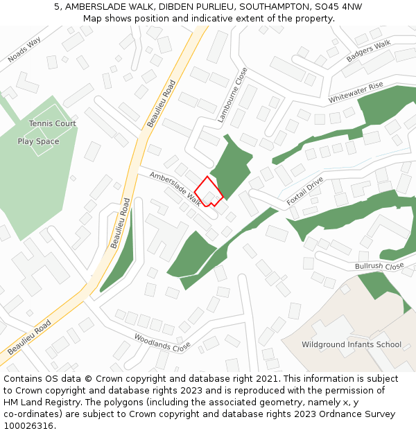 5, AMBERSLADE WALK, DIBDEN PURLIEU, SOUTHAMPTON, SO45 4NW: Location map and indicative extent of plot