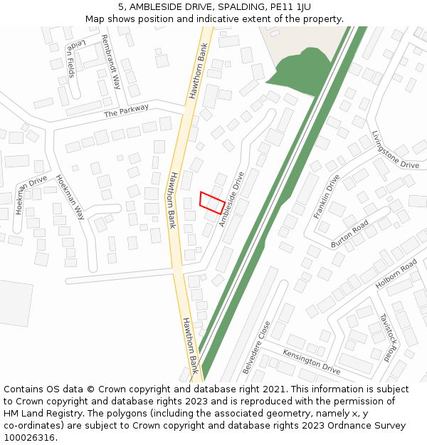 5, AMBLESIDE DRIVE, SPALDING, PE11 1JU: Location map and indicative extent of plot