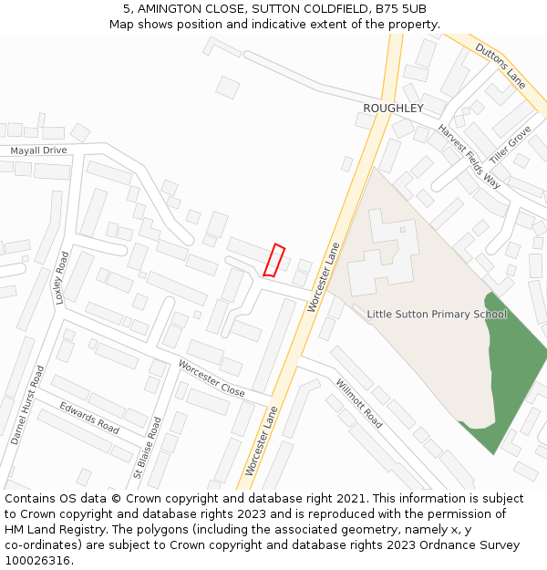 5, AMINGTON CLOSE, SUTTON COLDFIELD, B75 5UB: Location map and indicative extent of plot