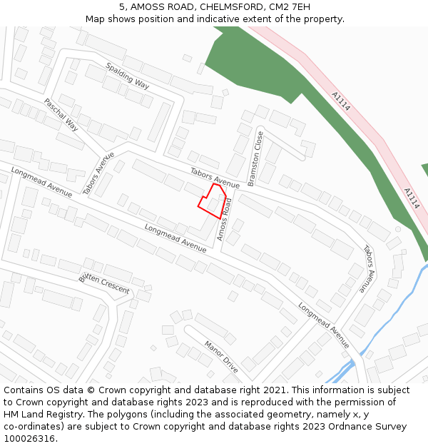 5, AMOSS ROAD, CHELMSFORD, CM2 7EH: Location map and indicative extent of plot