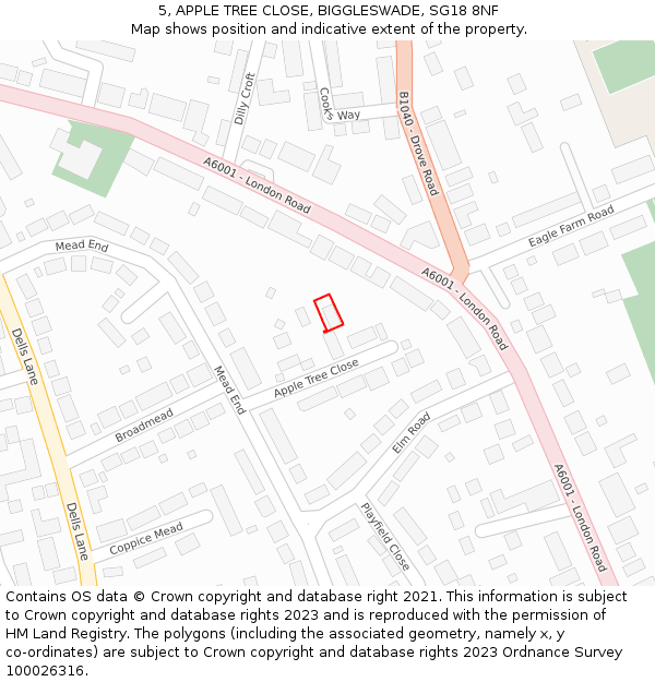 5, APPLE TREE CLOSE, BIGGLESWADE, SG18 8NF: Location map and indicative extent of plot