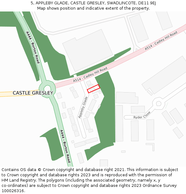 5, APPLEBY GLADE, CASTLE GRESLEY, SWADLINCOTE, DE11 9EJ: Location map and indicative extent of plot