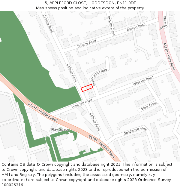 5, APPLEFORD CLOSE, HODDESDON, EN11 9DE: Location map and indicative extent of plot