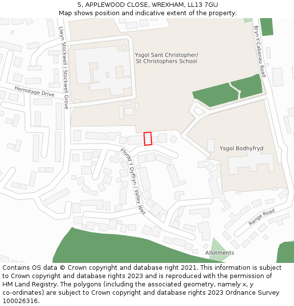 5, APPLEWOOD CLOSE, WREXHAM, LL13 7GU: Location map and indicative extent of plot