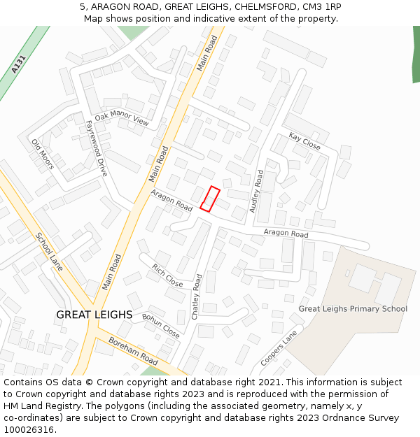 5, ARAGON ROAD, GREAT LEIGHS, CHELMSFORD, CM3 1RP: Location map and indicative extent of plot