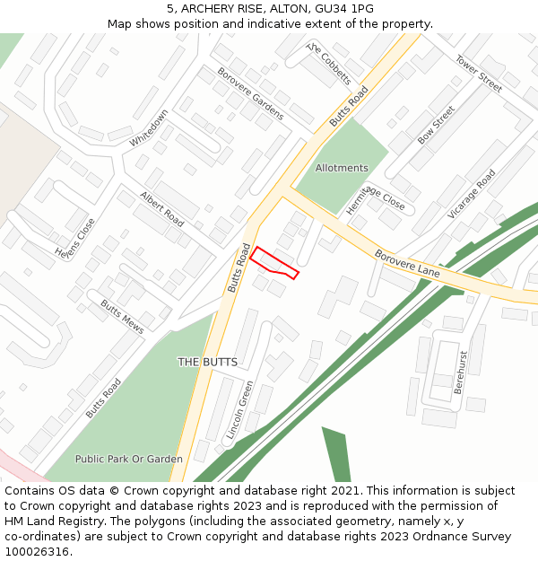 5, ARCHERY RISE, ALTON, GU34 1PG: Location map and indicative extent of plot