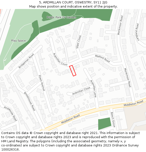 5, ARDMILLAN COURT, OSWESTRY, SY11 2JG: Location map and indicative extent of plot