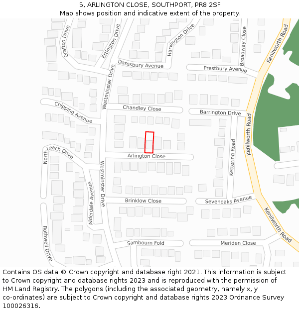 5, ARLINGTON CLOSE, SOUTHPORT, PR8 2SF: Location map and indicative extent of plot