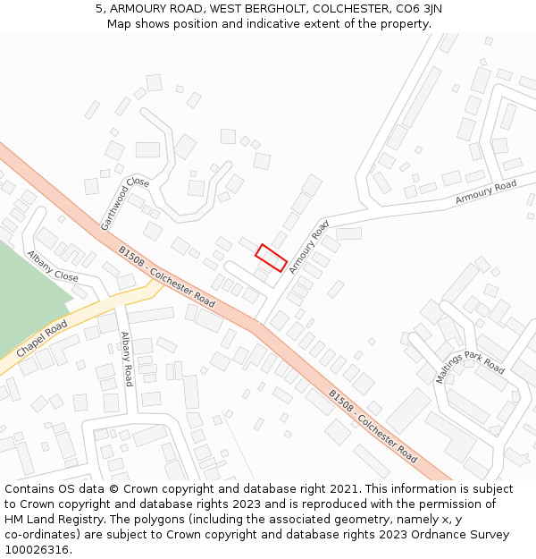 5, ARMOURY ROAD, WEST BERGHOLT, COLCHESTER, CO6 3JN: Location map and indicative extent of plot