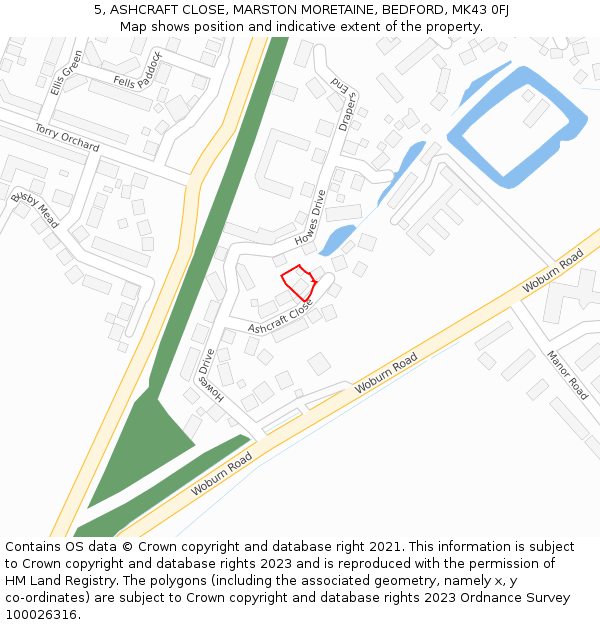 5, ASHCRAFT CLOSE, MARSTON MORETAINE, BEDFORD, MK43 0FJ: Location map and indicative extent of plot