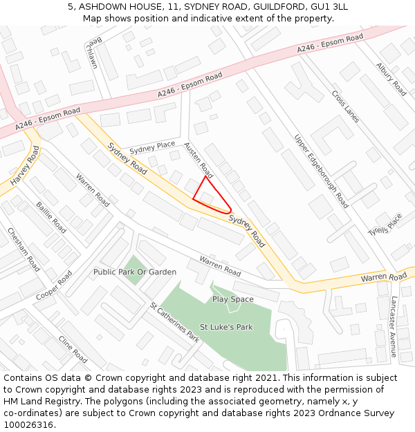 5, ASHDOWN HOUSE, 11, SYDNEY ROAD, GUILDFORD, GU1 3LL: Location map and indicative extent of plot