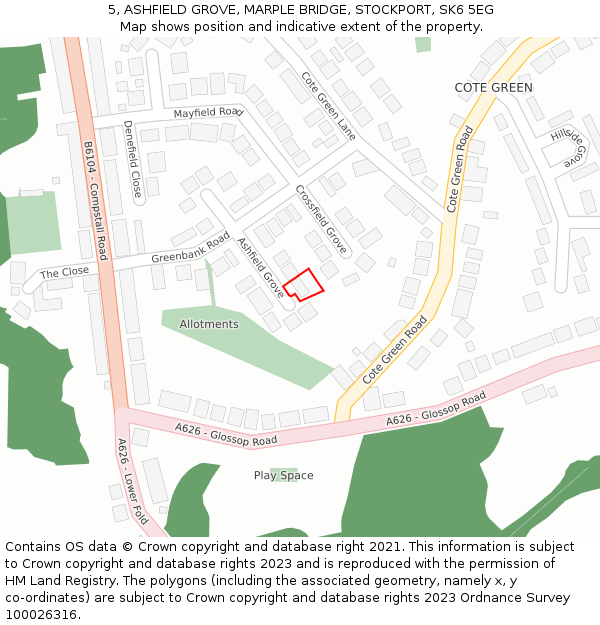 5, ASHFIELD GROVE, MARPLE BRIDGE, STOCKPORT, SK6 5EG: Location map and indicative extent of plot
