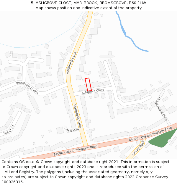 5, ASHGROVE CLOSE, MARLBROOK, BROMSGROVE, B60 1HW: Location map and indicative extent of plot