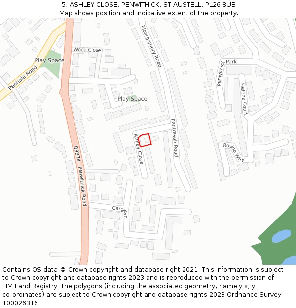 5, ASHLEY CLOSE, PENWITHICK, ST AUSTELL, PL26 8UB: Location map and indicative extent of plot