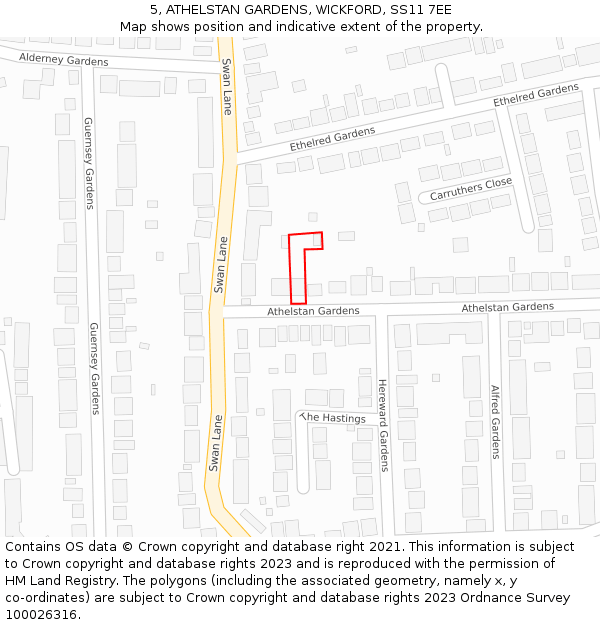 5, ATHELSTAN GARDENS, WICKFORD, SS11 7EE: Location map and indicative extent of plot