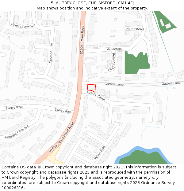 5, AUBREY CLOSE, CHELMSFORD, CM1 4EJ: Location map and indicative extent of plot