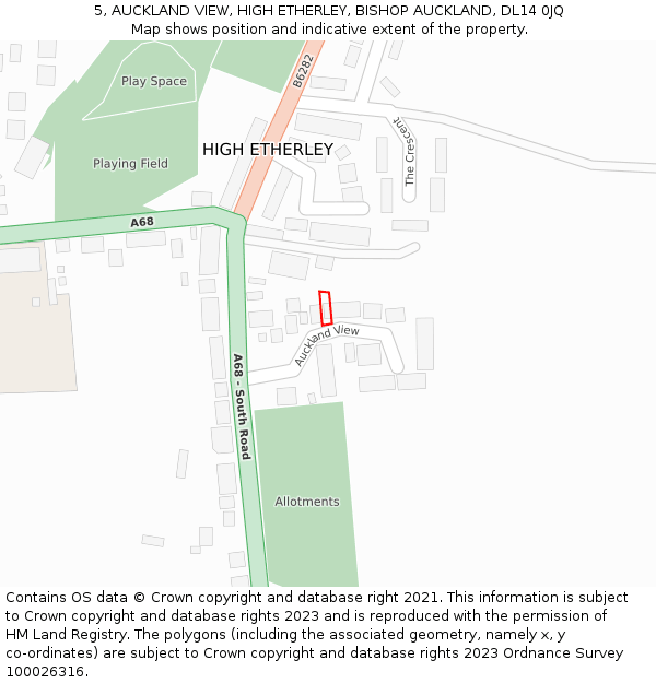 5, AUCKLAND VIEW, HIGH ETHERLEY, BISHOP AUCKLAND, DL14 0JQ: Location map and indicative extent of plot