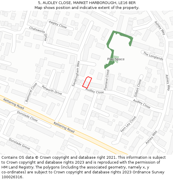 5, AUDLEY CLOSE, MARKET HARBOROUGH, LE16 8ER: Location map and indicative extent of plot