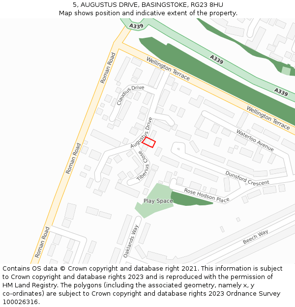 5, AUGUSTUS DRIVE, BASINGSTOKE, RG23 8HU: Location map and indicative extent of plot