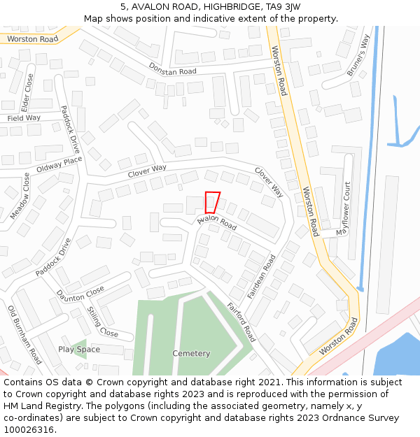 5, AVALON ROAD, HIGHBRIDGE, TA9 3JW: Location map and indicative extent of plot
