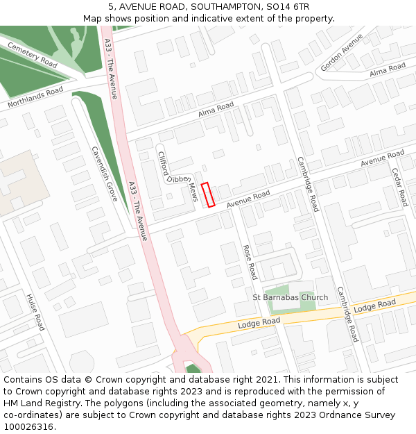 5, AVENUE ROAD, SOUTHAMPTON, SO14 6TR: Location map and indicative extent of plot