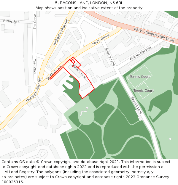 5, BACONS LANE, LONDON, N6 6BL: Location map and indicative extent of plot