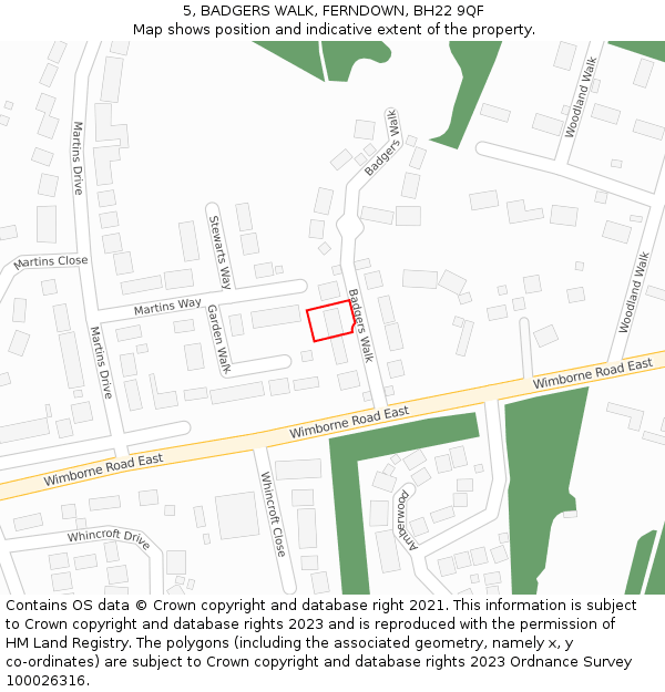 5, BADGERS WALK, FERNDOWN, BH22 9QF: Location map and indicative extent of plot