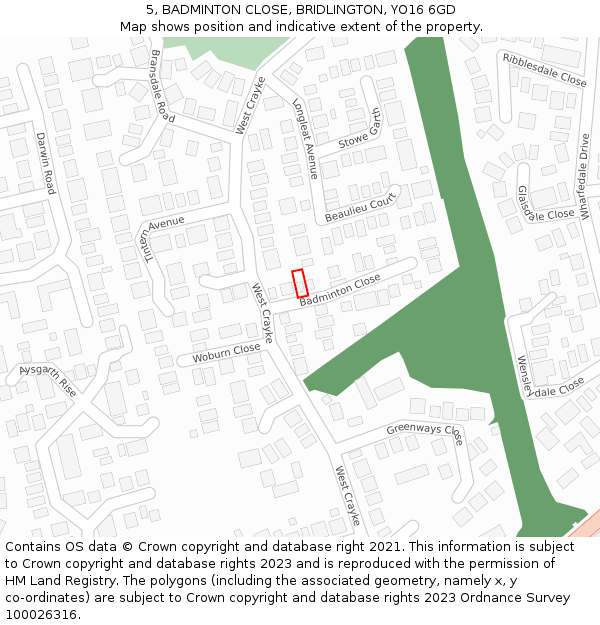 5, BADMINTON CLOSE, BRIDLINGTON, YO16 6GD: Location map and indicative extent of plot