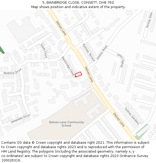 5, BAINBRIDGE CLOSE, CONSETT, DH8 7EG: Location map and indicative extent of plot