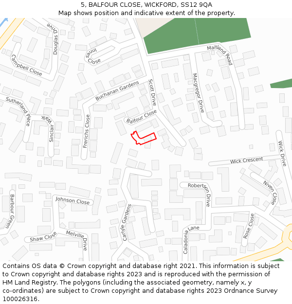 5, BALFOUR CLOSE, WICKFORD, SS12 9QA: Location map and indicative extent of plot