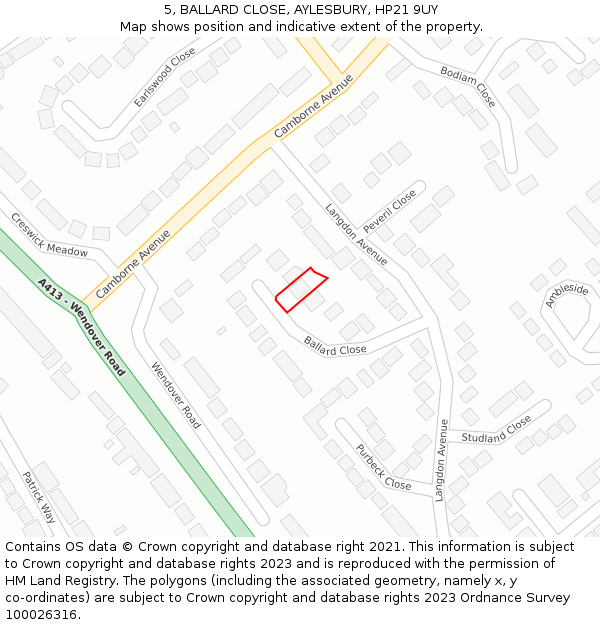 5, BALLARD CLOSE, AYLESBURY, HP21 9UY: Location map and indicative extent of plot