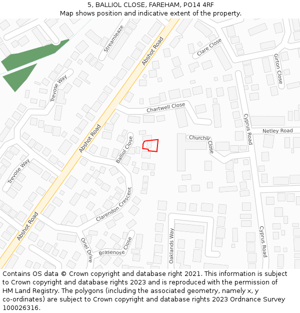 5, BALLIOL CLOSE, FAREHAM, PO14 4RF: Location map and indicative extent of plot