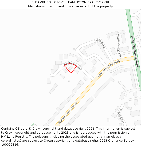 5, BAMBURGH GROVE, LEAMINGTON SPA, CV32 6RL: Location map and indicative extent of plot