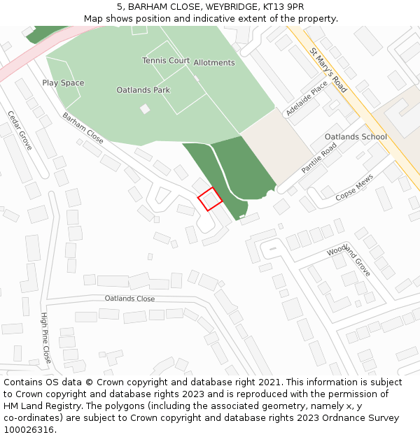 5, BARHAM CLOSE, WEYBRIDGE, KT13 9PR: Location map and indicative extent of plot