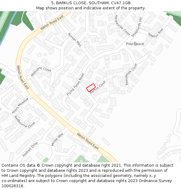 5, BARKUS CLOSE, SOUTHAM, CV47 1GB: Location map and indicative extent of plot