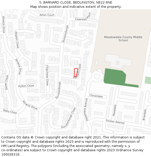5, BARNARD CLOSE, BEDLINGTON, NE22 6NE: Location map and indicative extent of plot